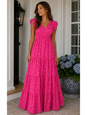 Ellison Pink Maxi Dress with Ruffle Sleeves and Tiered Skirt